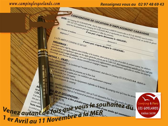 Contrat caravane sur la période d'ouverture du camping Les Goélands à Ambon
